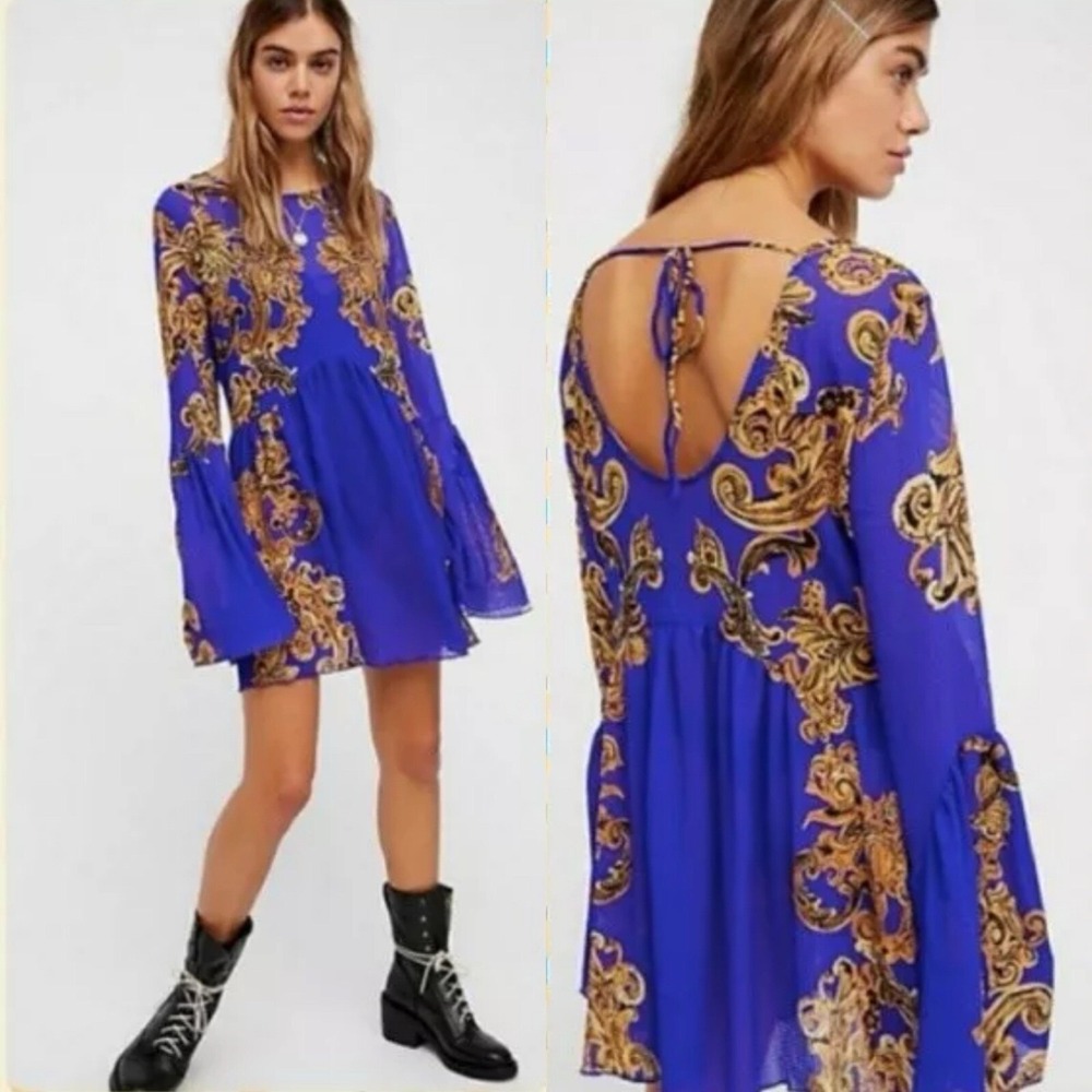 Free People Symphony Royal Blue Tunic Dress Baroque Print Oversize Bell Sleeve S
